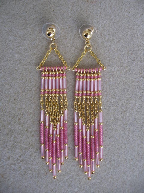 SALE - Seed Bead Chain Earrings - Modern Native American Style - Pink