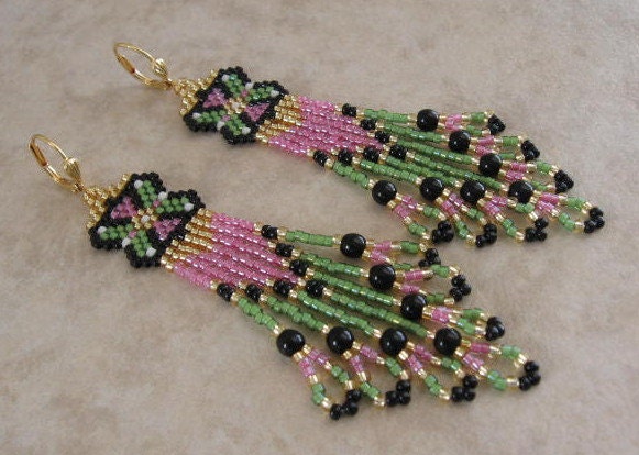 Beadwork - Seed Bead Beadwoven Earrings - Pink/Green - Free Shipping