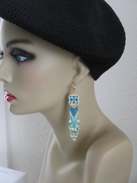 Seed Bead Beadwoven Earrings - Free Shipping - Seafoam Green/Turquoise