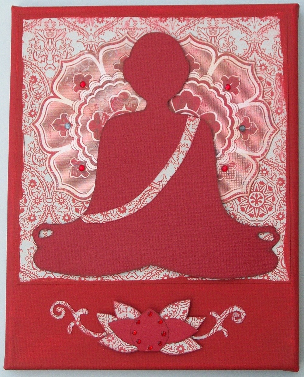 Red Buddha 8x10 Paper Art on Acrylic Painted Canvas Scrapbooking Paper Piecing