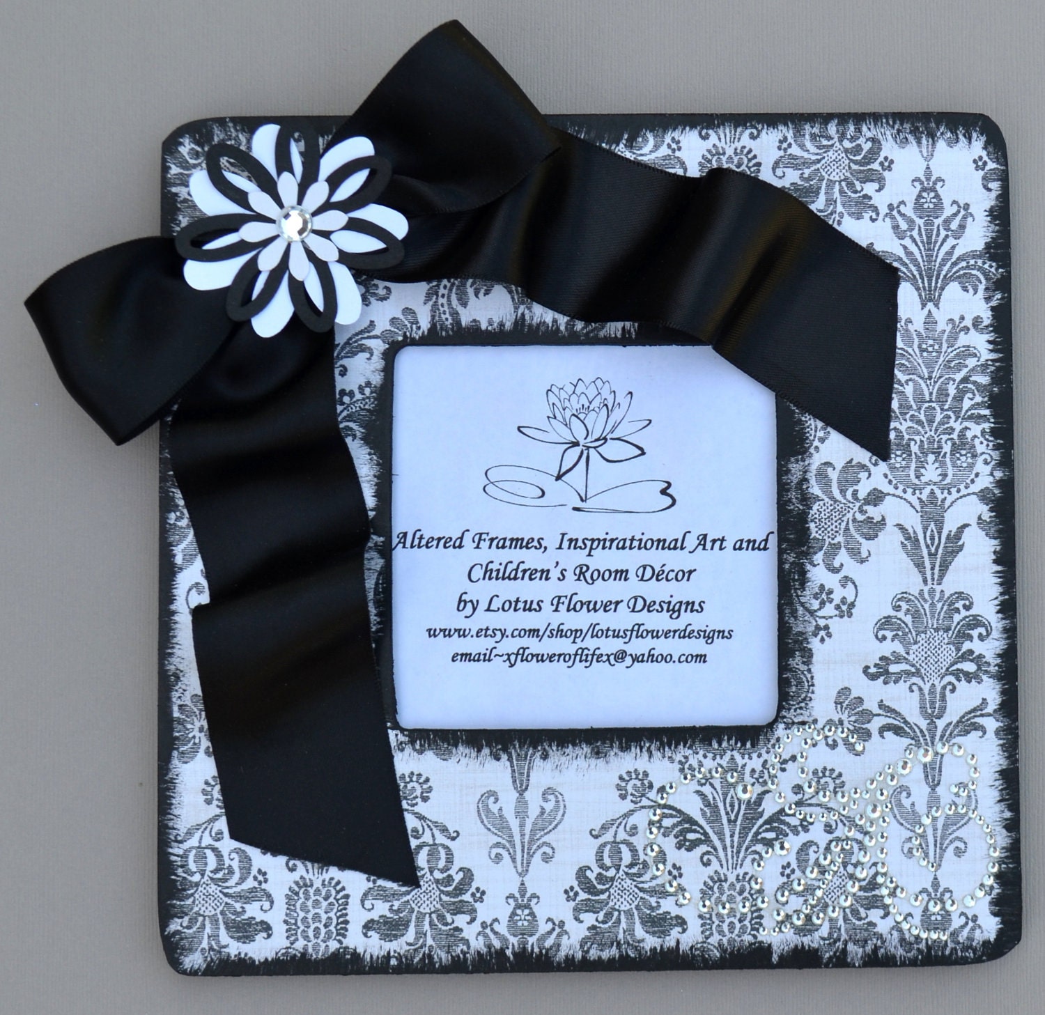 Black Rhinestone Damask Picture Photo Frame for Wedding or Any Occasion Unique OOAK Gift Keepsake