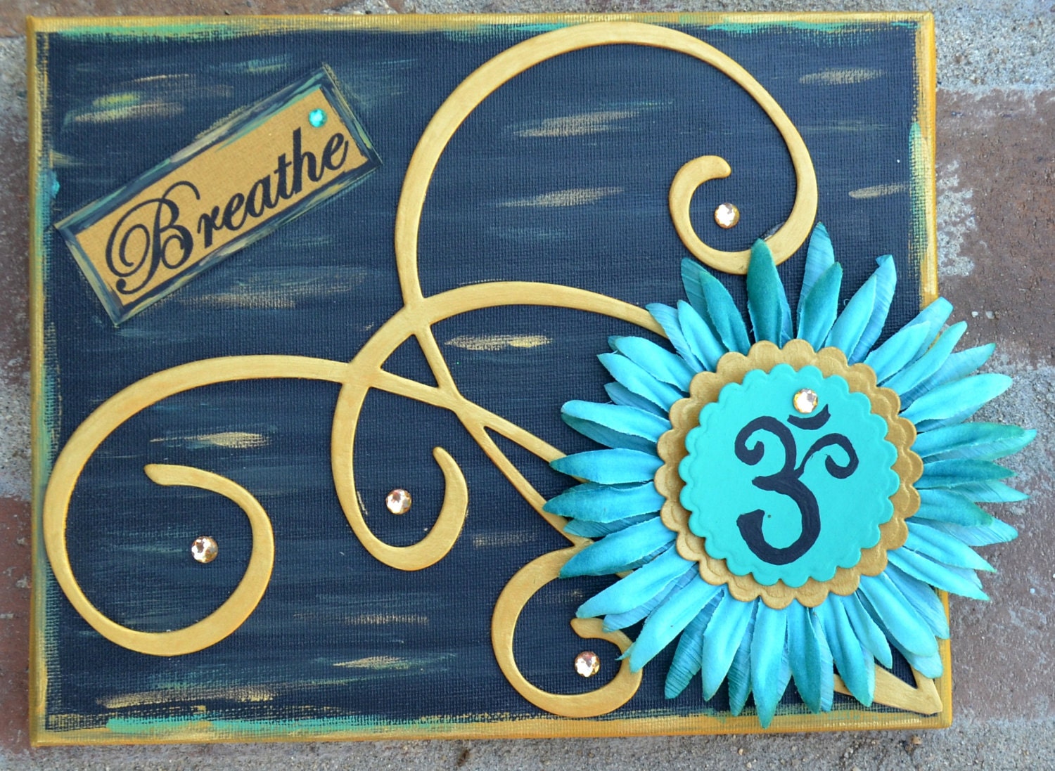Om Just Breathe 8x10 Black, Teal and Gold Altered Canvas Inspirational Wall Art