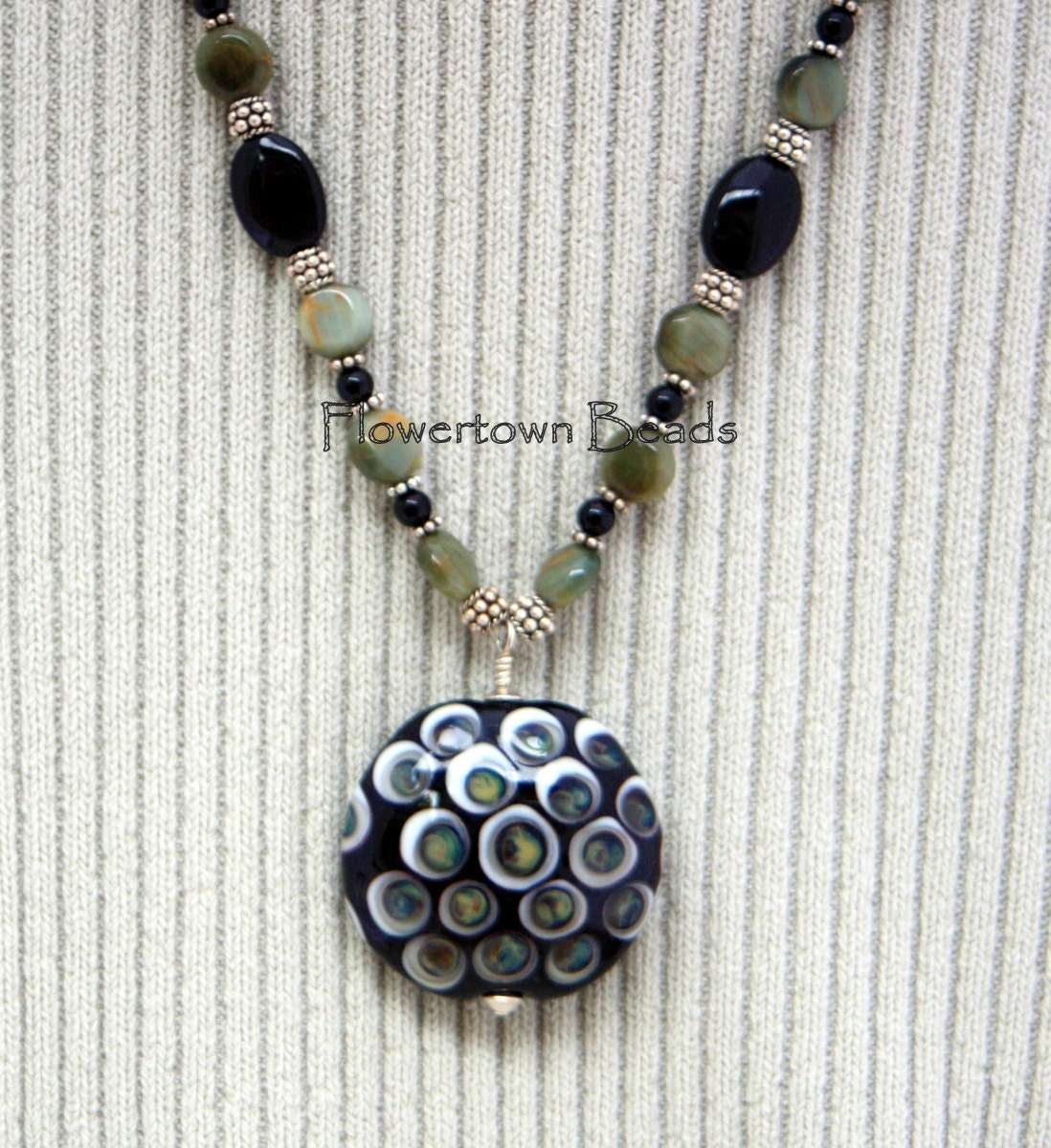 Lampwork Necklace, Sterling Silver, Semiprecious Stones, SRA