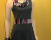 A line mini Mod dress 60's vintage inspaerd in gray  with a black grey  and pink striped collar  - just 60 instead of 120 usd