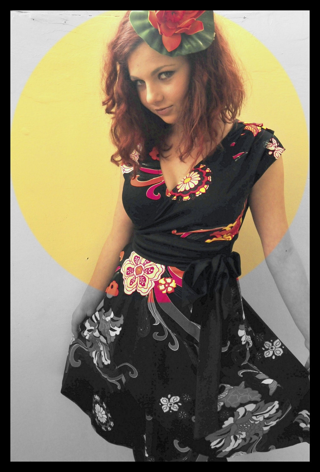 Japanese inspired dragon like flower print wrap dress in black pink and orange