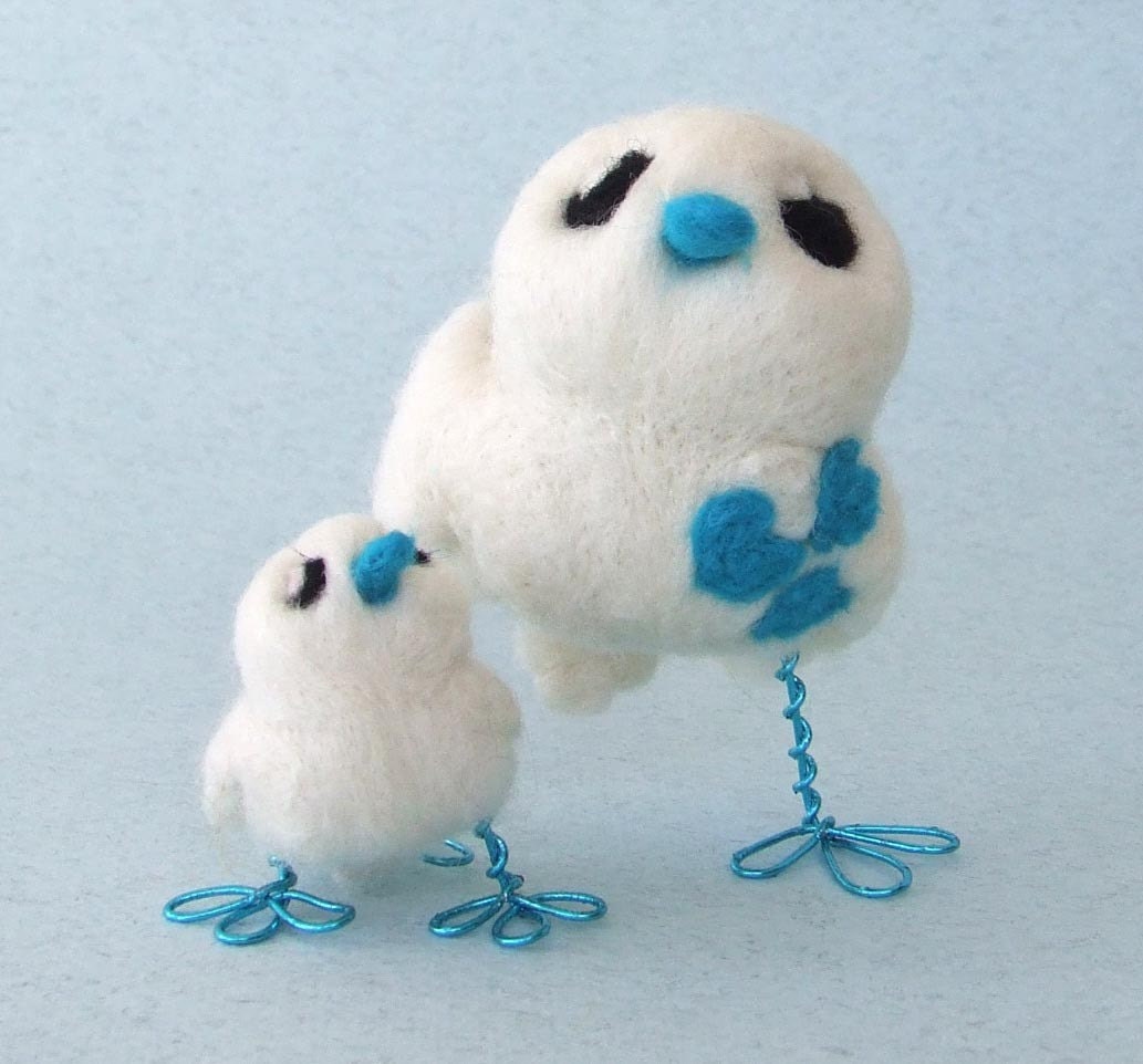 Daddy and Baby Tweets Needlefelted  White andTurquoise Pair of Love Birds