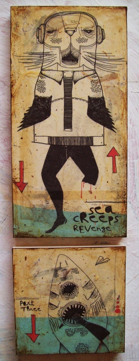 Sea Creatures Revenge-mixed media print on wood
