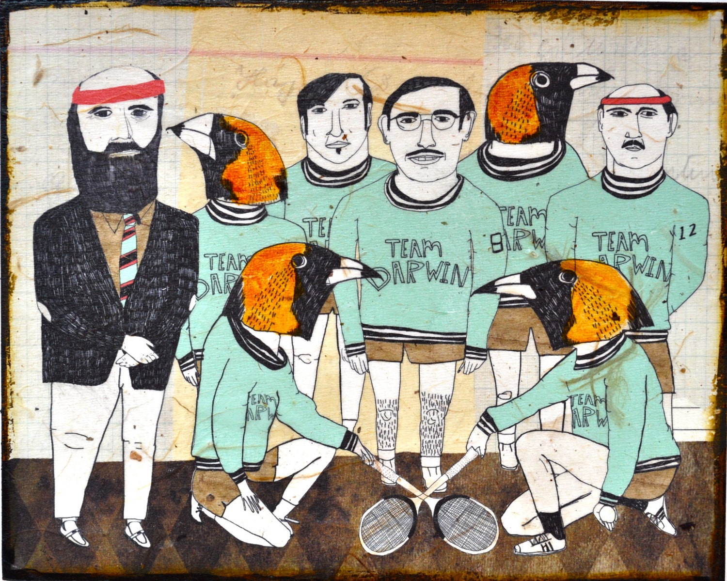 Team Darwin- mixed media print on wood