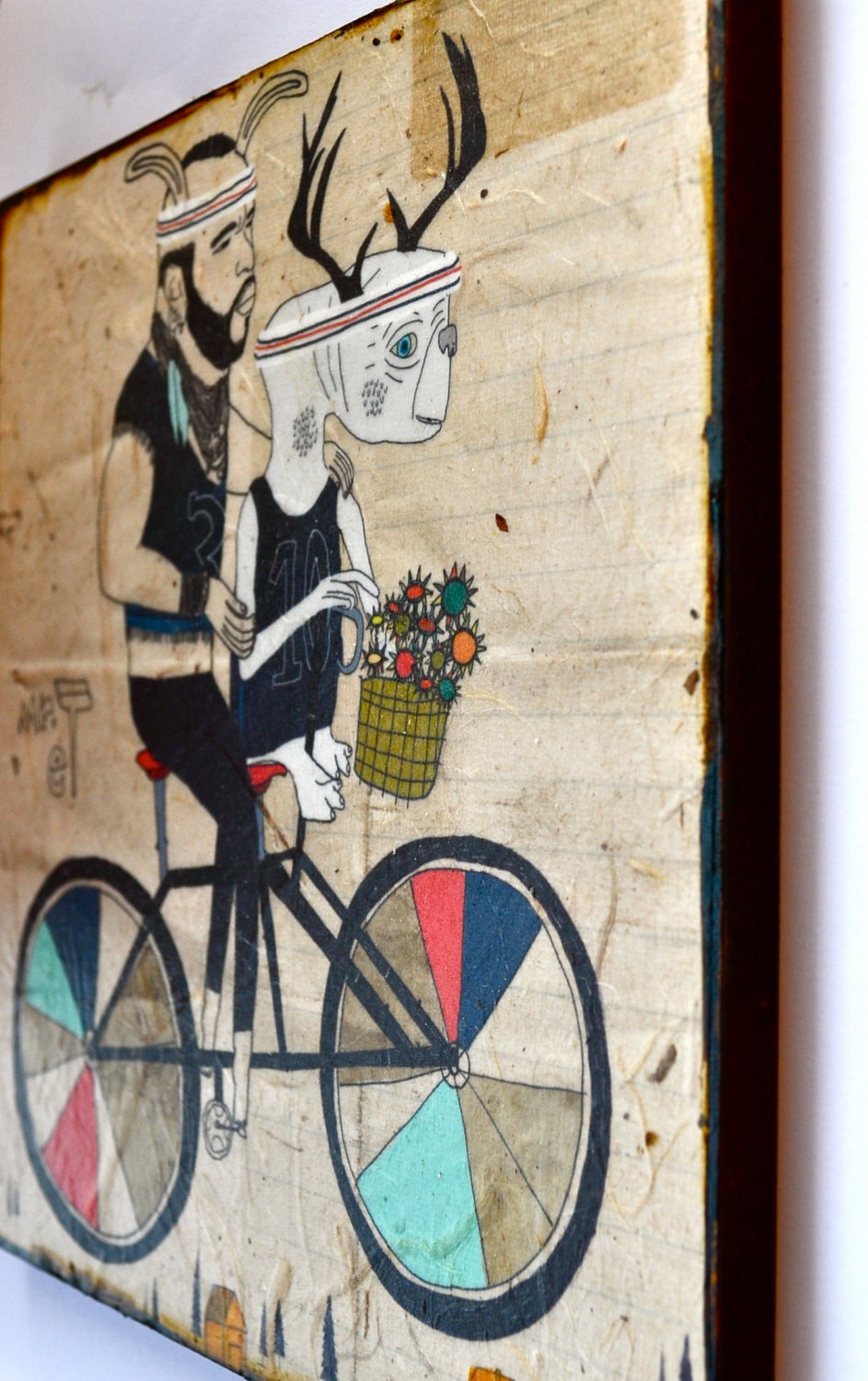 Besties - mixed media print on wood