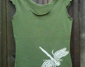 Dragonfly Tee- Women's Fashion- Cap Sleeve Olive Hand Silkscreened sizes S, M, L, XL