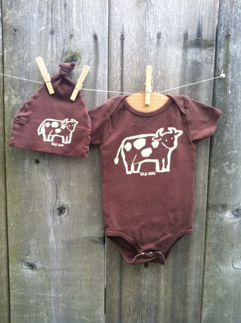 Chocolate Brown Cow Hand Silkscreened Infant One piece Romper and Hat Set