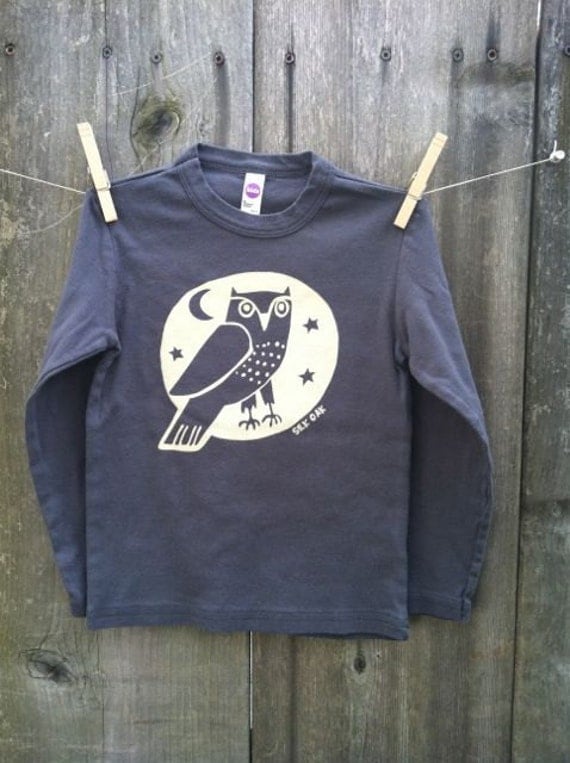 Woodland Grey Owl Hand Silkscreened Kid Long Sleeve Tee Sizes 2, 4, 6, 8, 10, 12