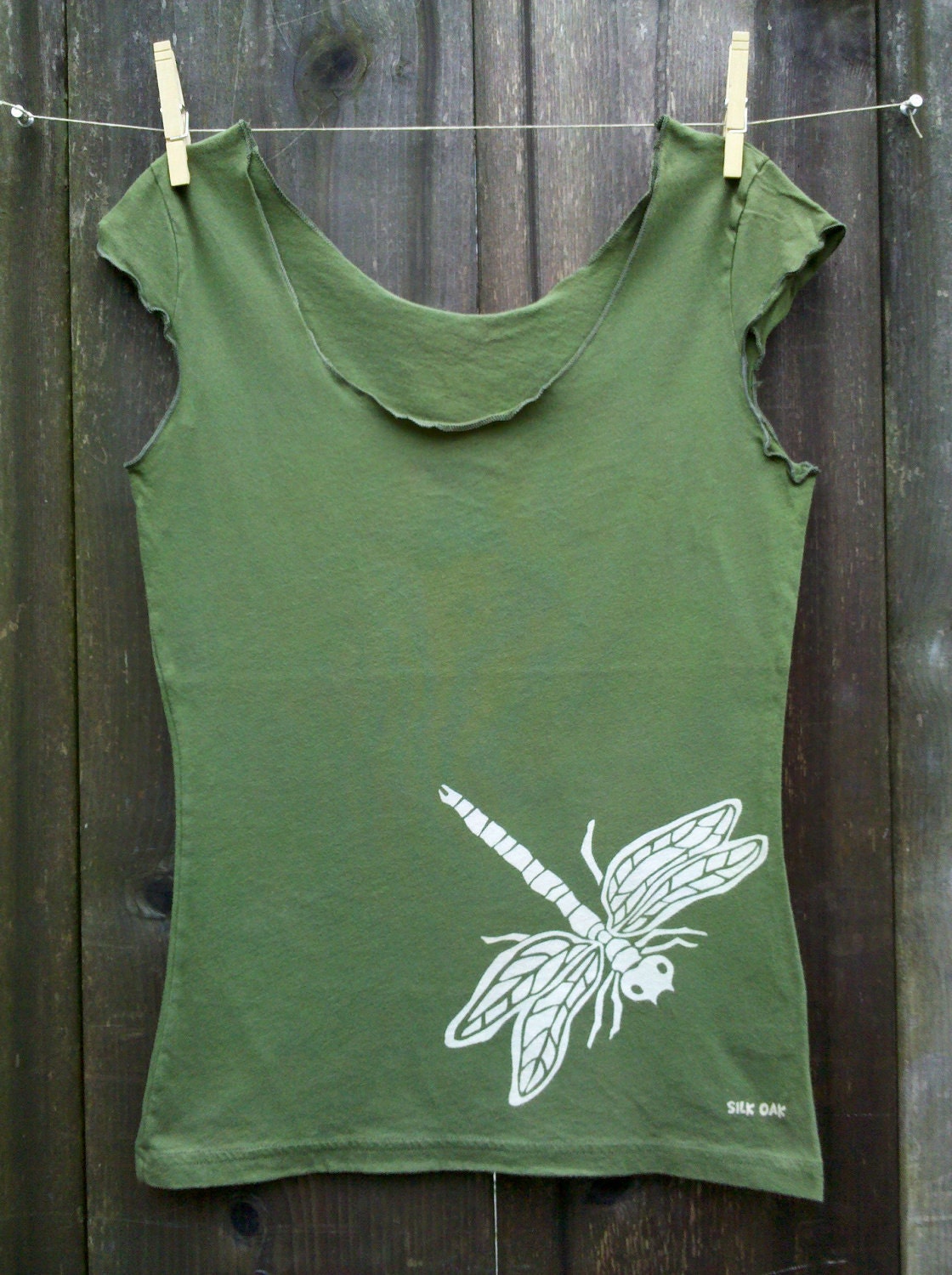Dragonfly Tee- Women's Fashion- Cap Sleeve Olive Hand Silkscreened sizes S, M, L, XL