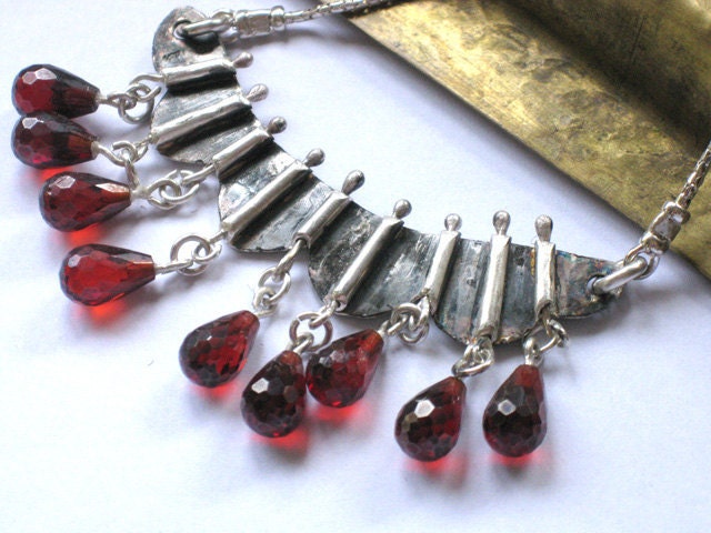 Two sided sterling  silver and garnet crystal necklace,  swarowski facetted garnet crystals on hammered silver necklace, artisan jewelry