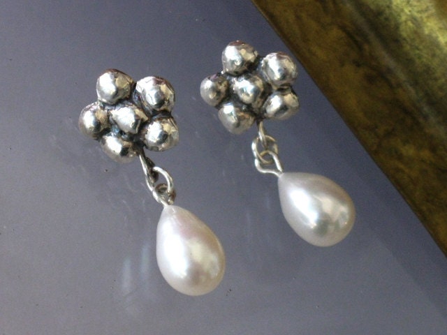 Wedding earrings silver and pearl studs - Dainty handmade sterling flower studs and teardrop pearls
