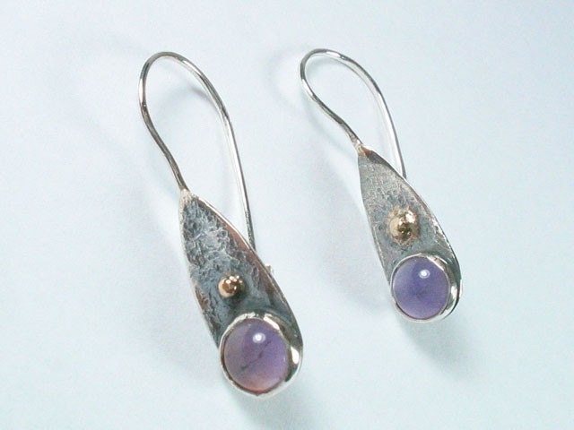 Silver and Amethyst earrings, dangle handmade sterling silver and gold jewelry