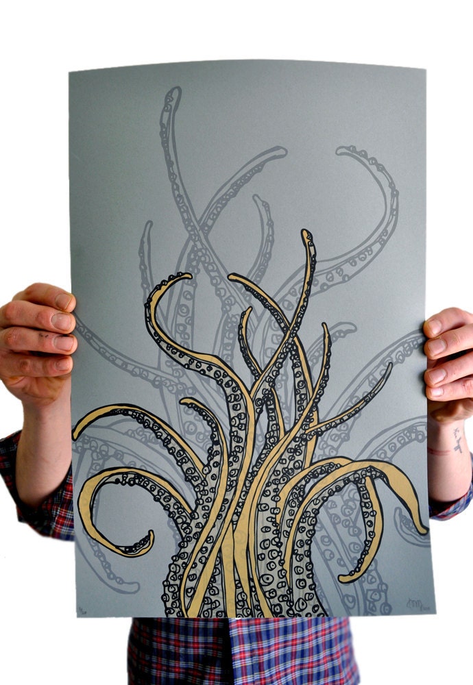 Tentacle Art Print / Screen print in Steel grey