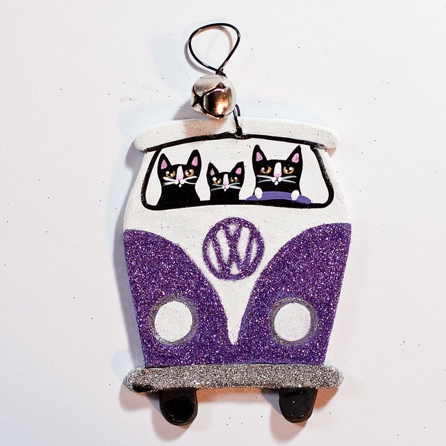 Purple Christmas Volkswagen Bus Clay Cat Folk Art Ornament