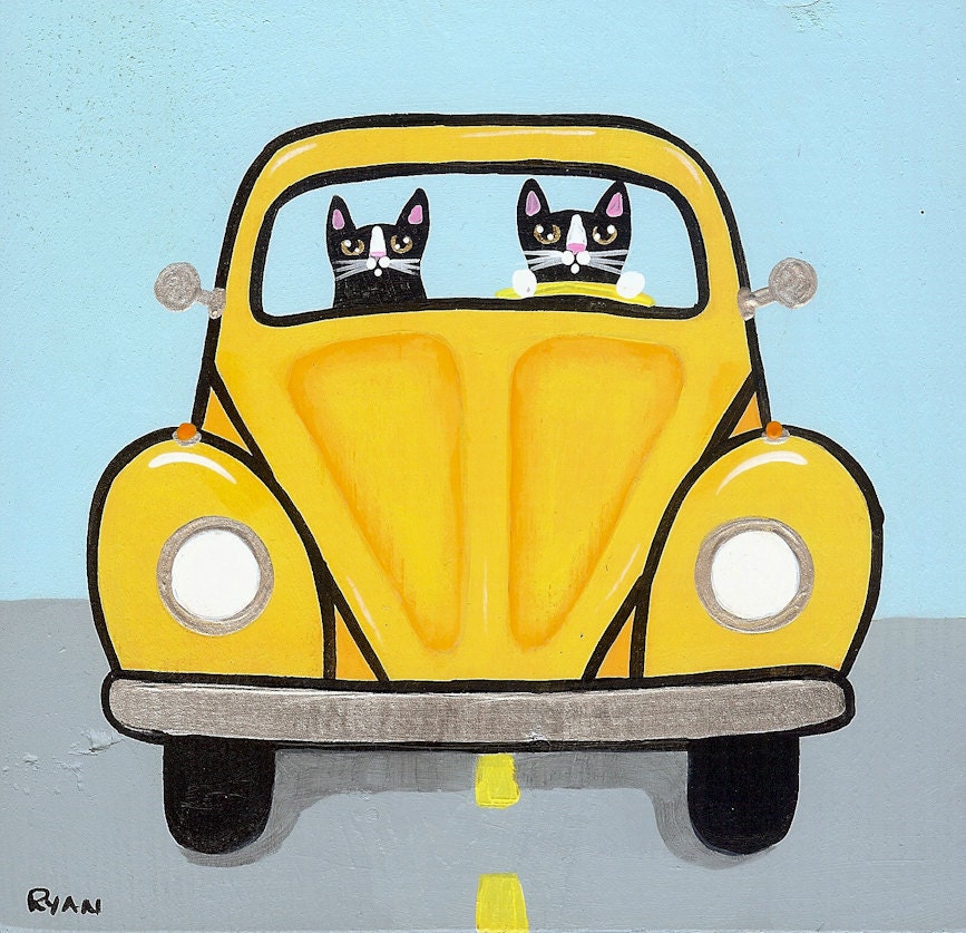 Volkswagen Road Trip Cats Original Folk Art Painting