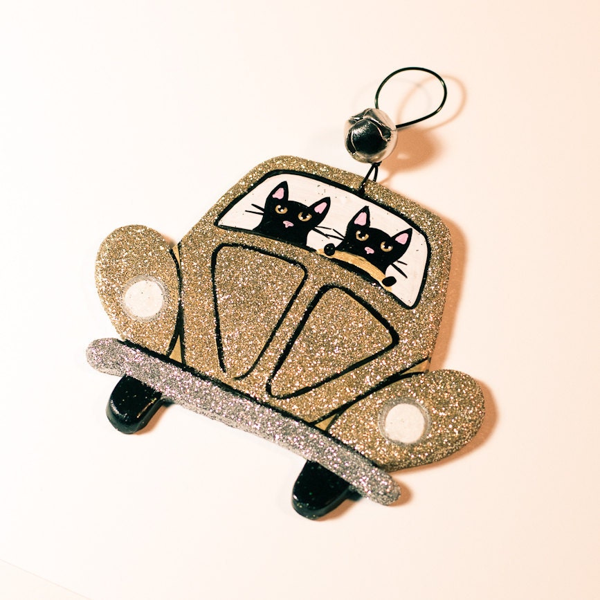 Gold Christmas Volkswagen Clay Cat Folk Art Ornament