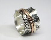 Vintage Inspired Paisley Sterling Silver Spinner Ring with 14k Rose Gold and 10k Yellow Gold Spinners