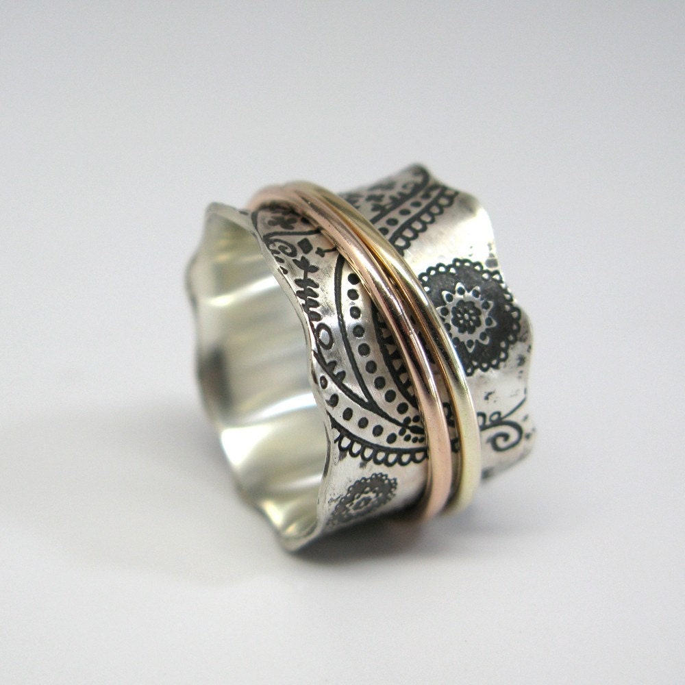 Vintage Inspired Paisley Sterling Silver Spinner Ring with 14k Rose Gold and 10k Yellow Gold Spinners