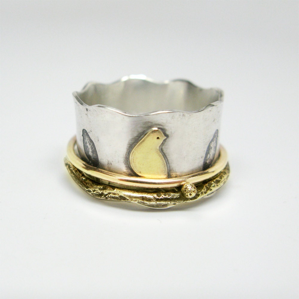 Birds on a Wire Sterling Silver and 14k Gold Spinner Ring with 14k Gold Branch
