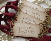 Burgundy Valentine With Love Tags - Vintage Look Set of 4 - Gifts, Anniversary, Birthday, Wedding Favors, Get Well, Thank You