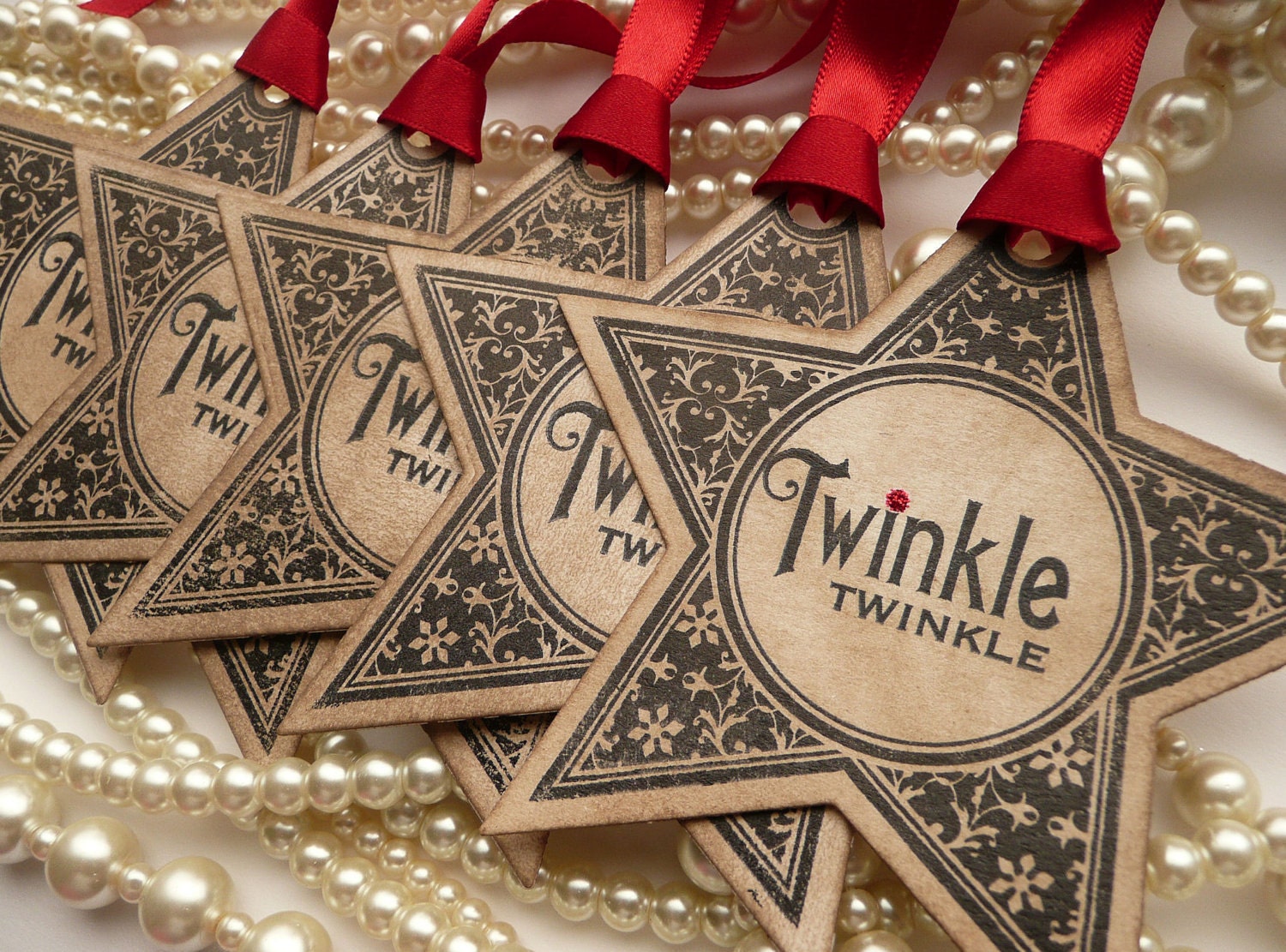 Christmas Star Gift Tags - Vintage Style Tag - Set of 5 - Bright Red Ribbon Holiday Labels