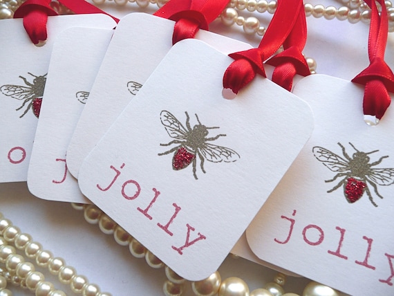 BEE JOLLY Tags - Set of 6 Red and White Sparkly Gift tags - UK Handmade