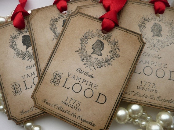 Vampire Blood Gothic Wedding Tags - Gothic Style with Red Ribbon Set of 50 - Wine or Drink Bottle Labels
