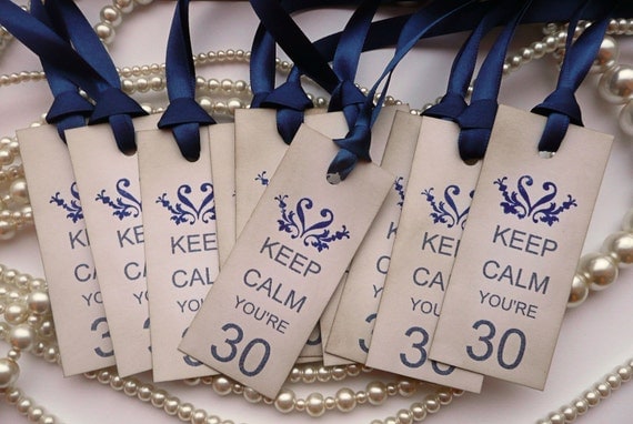 Keep Calm You're 30 - Set of 10 - 30th Birthday Vintage Style Tags with Navy Blue Ribbon
