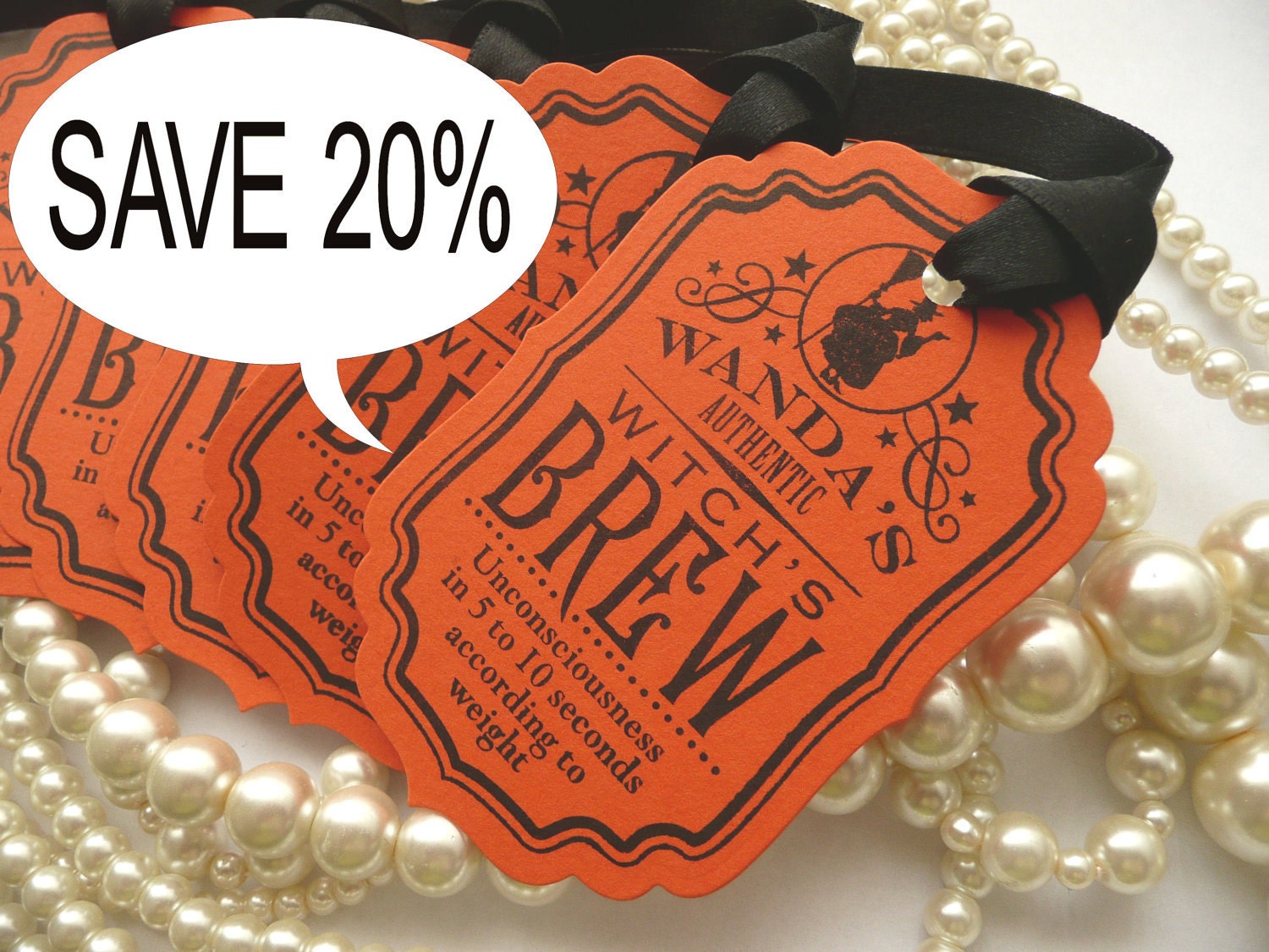 SALE Save 20% Halloween Tags - Orange and Black Tags - Wanda's Witches Brew SET OF 5