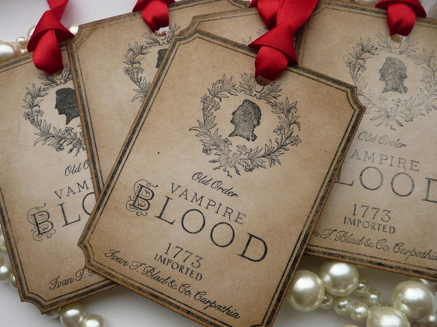 Vampire Blood Gothic Wedding Tags - Gothic Style with Red Ribbon Set of 50 - Wine or Drink Bottle Labels