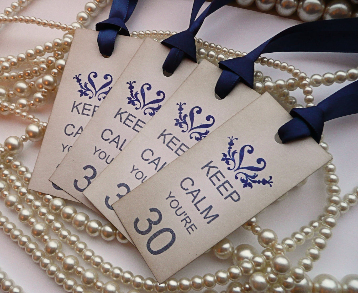Keep Calm You're 30 - Set of 10 - 30th Birthday Vintage Style Tags with Navy Blue Ribbon