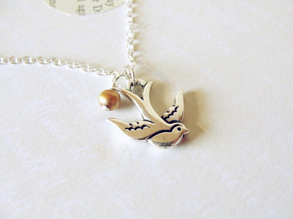 Silver Swallow Bird and Pearl Necklace.
