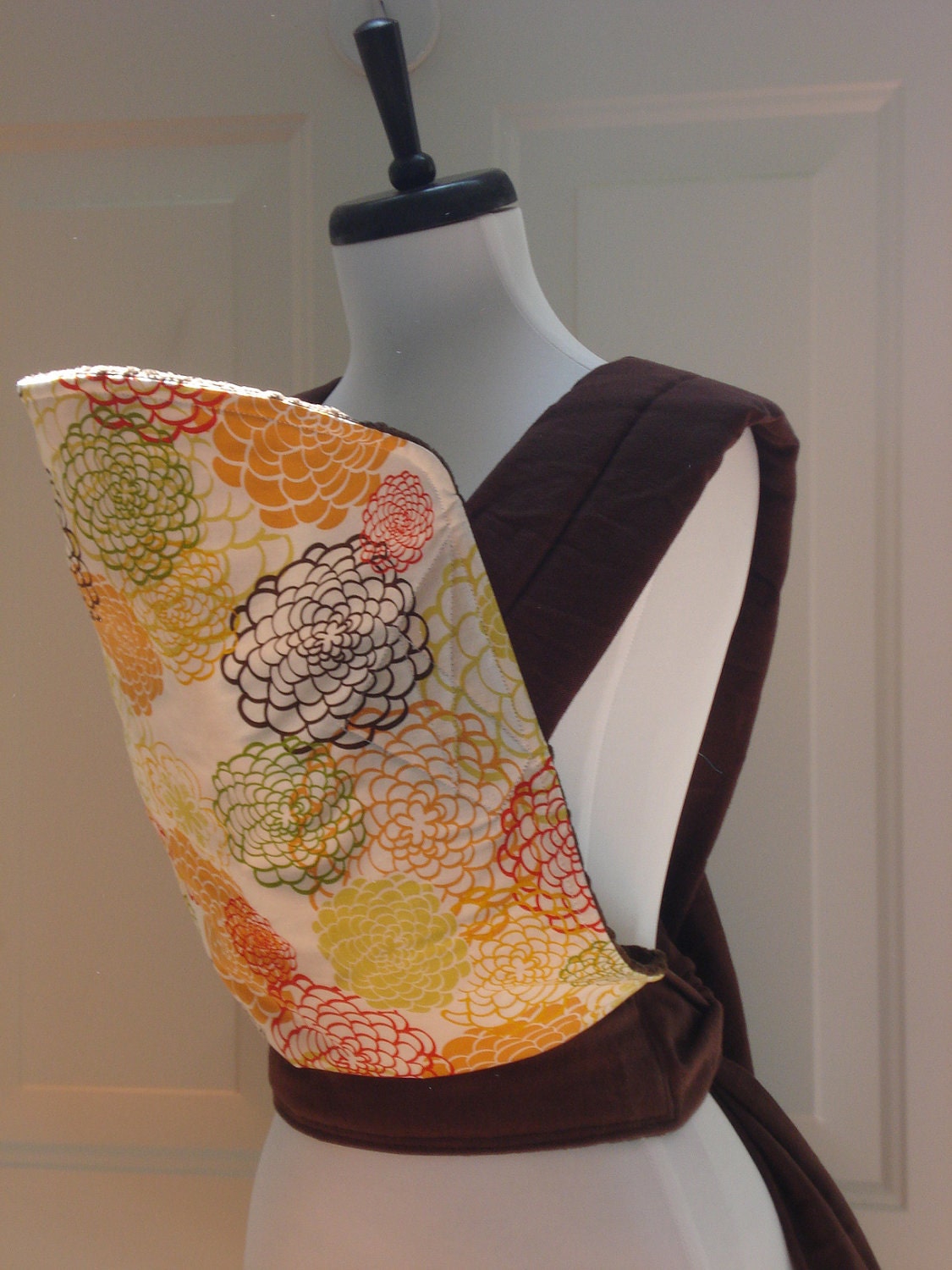 Mei Tai Baby Carrier- Orange Floral Explosion, brown minky