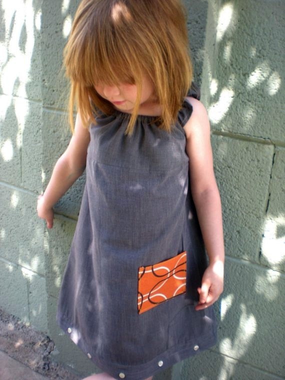 dress - girls upcycled recycled eco friendly baby toddler grey gray orange 6 months,12 months, 2T 3T 4T 5T Earth day