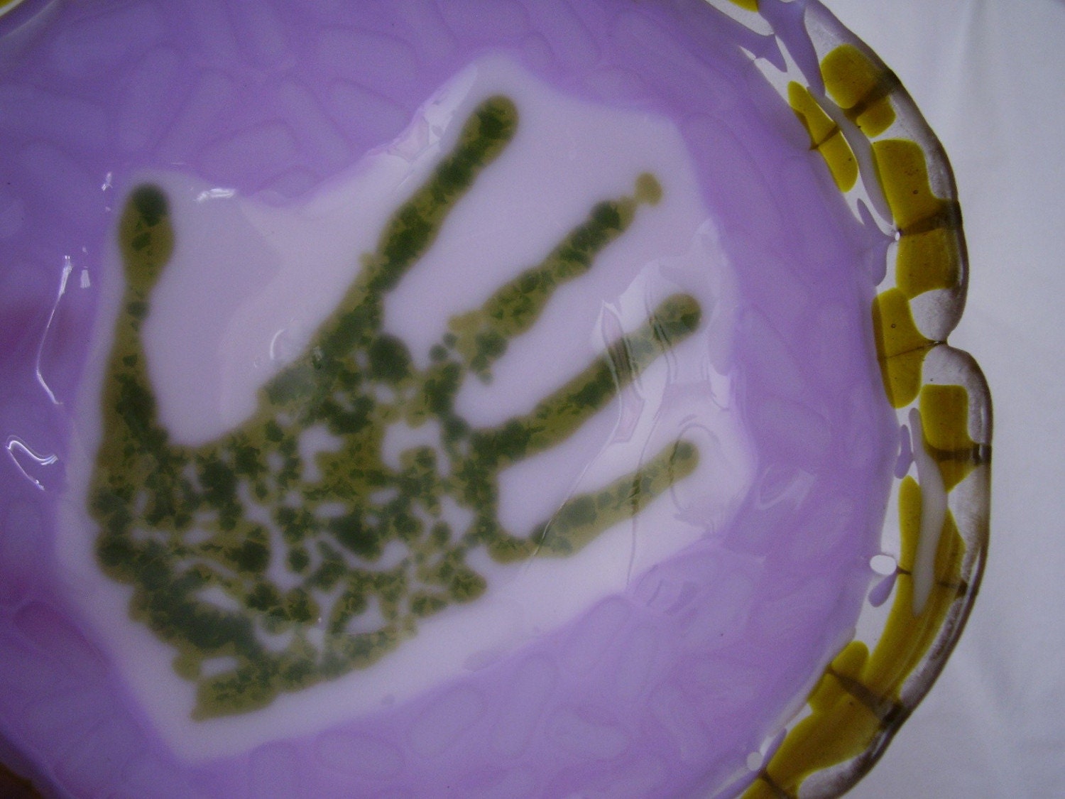 Lavender and Chartreuse Alien Handprint Glass Bowl