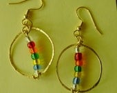 Colorful Pierced Earrings, Hand Tooled Hammered, Rainbow Glass Beaded, Rustic Hoops