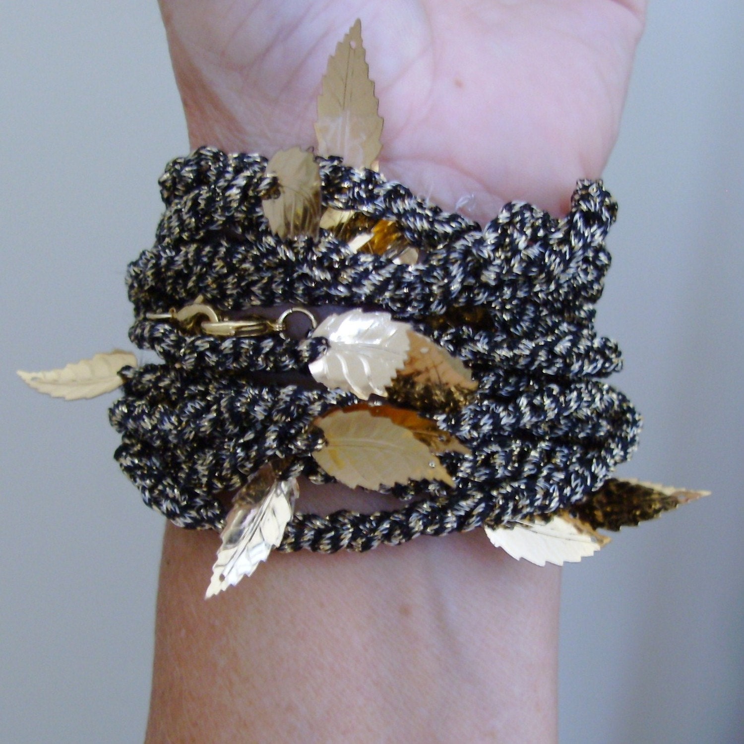 Crochet Accessory Versatile, Black Gold Metallic Fiber, Leafy necklace choker bracelet belt headband