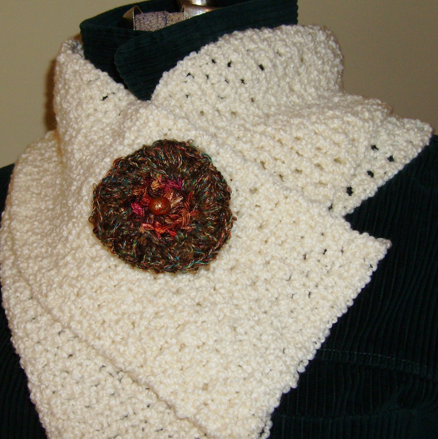 Handmade Crochet Brooch, Beaded Scarf Ornament Pin, Browns Rust Green, Add a little Zing to your Collar or Hat