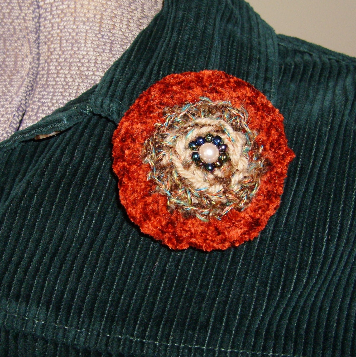 Handmade Crochet Brooch Pin, Scarf Ornament, Add a little Zing to your Collar Scarf or Hat