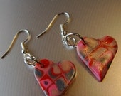 Valentine Heart Earrings, Slightly off Kilter, Bright Polymer Clay, Pink Red Silver Gray