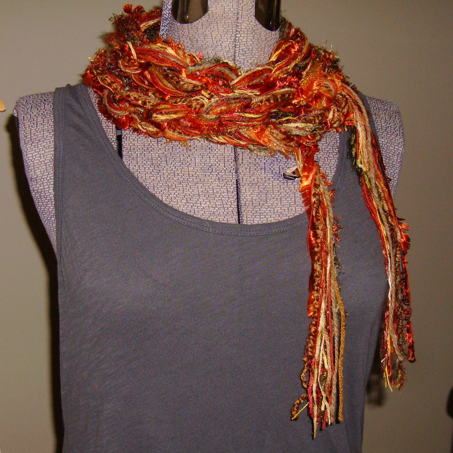Majestic Crochet Scarf, Gold Orange Brown Sienna, novelty fiber, Boho, boa belt headband