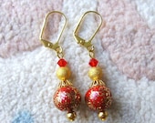 Earrings Red Gold, beaded polymer clay Swarovski Glitter