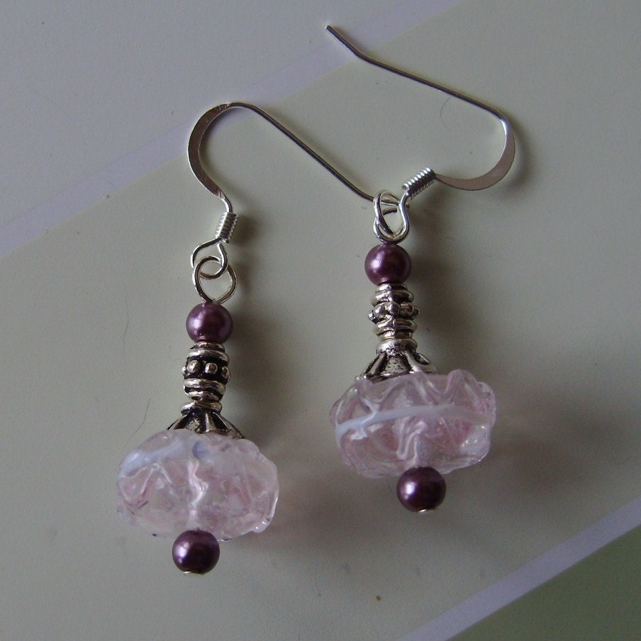 Earrings Pink Glass, Pearl Plum Lampwork, Bali Style Silver, Breast Cancer Awareness