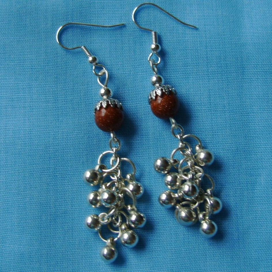 Silver Beaded Earrings, Shiny Chandelier, Goldstone, Cascade