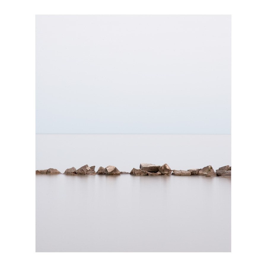 Landscape Photography - Symmetrical periwinkle blue ocean water with row of rocks, peaceful photograph - Lake Erie 2 8x10