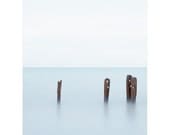 Cool blue photograph - Calm ocean with four wooden posts, clear sky in Erieau, Ontario. Minimalist art - Lake Erie 8 8x10